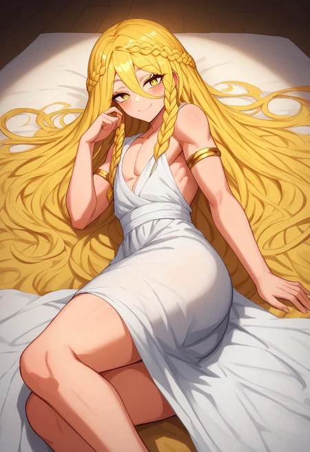 (masterpiece, best quality, pretty face, anime), absurdres, high resolution, highres, highly rated, AddNet Weight 1: 0.6, ((alone, 1femboy, male erotica, solo, Score_9, Score_8_up, Score_7_up , miquella, blonde hair,crown braid,multiple braids,yellow eyes, white robe, gold armlet)), (kind, smile, bare thighs, laying down, butt, wide body, lack eyes, dynamic, relaxed, eyelashes,heaven background, pov, lazei)