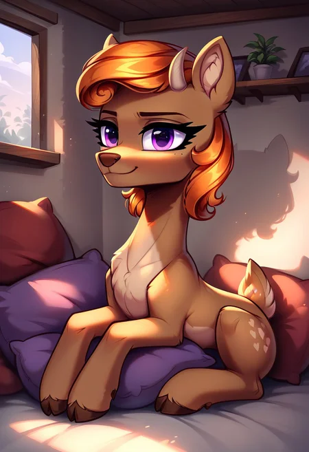 masterpiece, score_9_up, score_8_up, score_7_up, (best quality:1.1), ultra-detailed, high resolution, 1character, solo, Viira Lehtola, deer, doe, feral, mlp style, (((beautiful detailed purple eyes))), long eyelashes, eyebrows, black animal nose, fluffy deer ears, horn, doe tail, brown fur, orange hair, bangs, short hair, highly visible, full body, at home, reclining, pillows, indoors, sharp focus, perfect lighting, shadow, anatomically correct, extremely detailed, high detail, smirk, expressiveh, detailed background, OverallDetail, zPDXL2