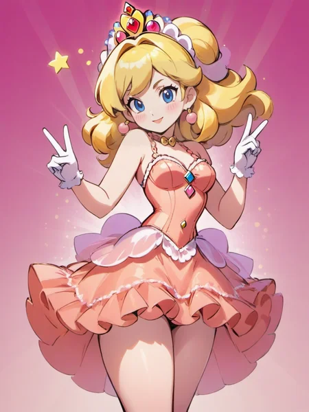 Super Mario style princess peach wearing a burlesque dress Making a peace sign with fingers in Tesseract, <lora:xl_burlesque_dress-1.0:0.8> . Vibrant, cute, cartoony, fantasy, playful, reminiscent of Super Mario series