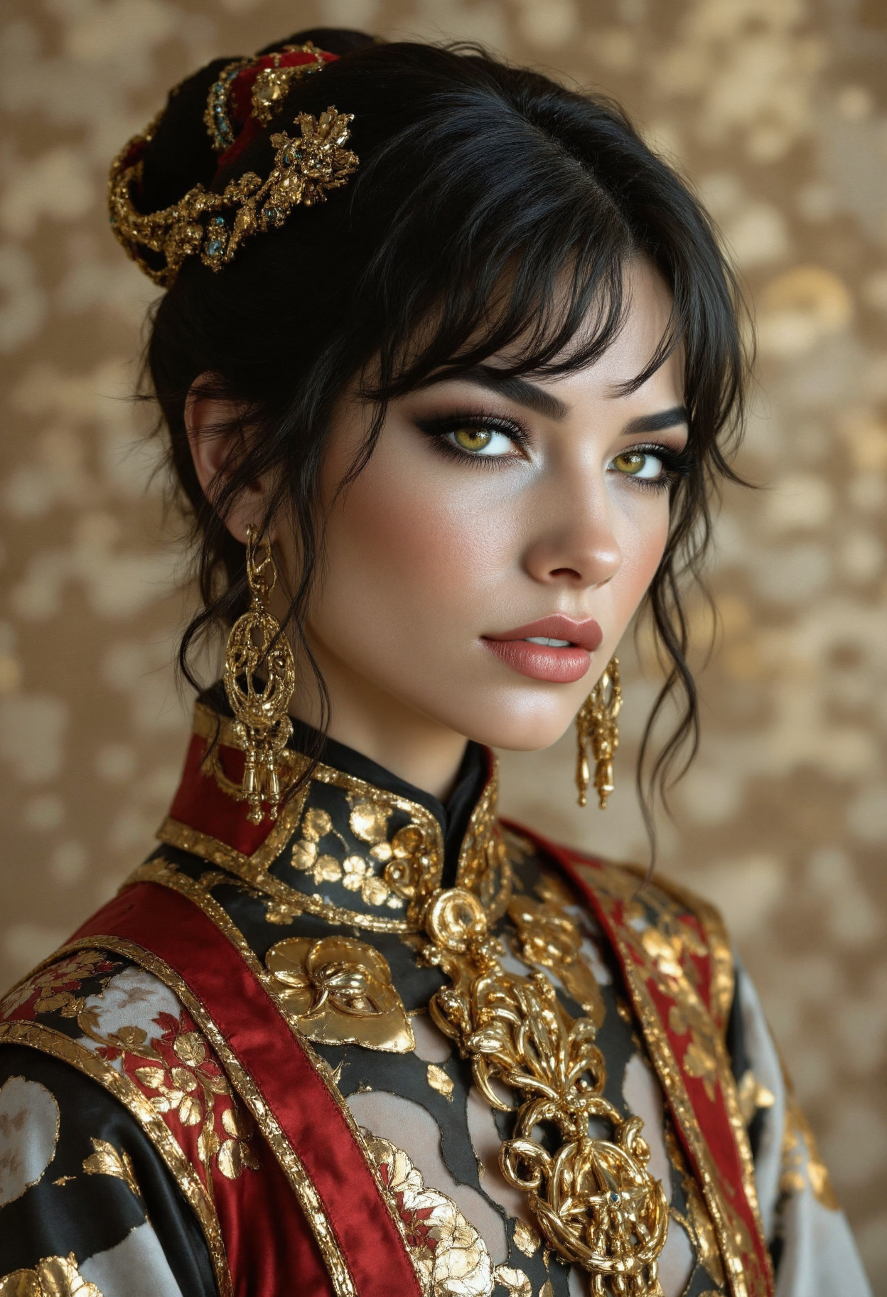 This is a highly detailed, professional photograph of a young woman with pale skin and striking green eyes, which are accentuated by delicate, dark eyeliner. She has voluminous, black hair styled into loose waves, adorned with ornate, golden hairpieces that resemble a crown. She wears a traditional, luxurious outfit blending Eastern and Western aesthetics.
Her attire features a black and white silk kimono, intricately patterned with gold dragon motifs. The black part of the kimono is detailed with gold dragons and floral designs, while the white section is plain except for a gold, dragon-shaped brooch at the chest. The kimono is layered over a red, silk robe with gold accents, adding a regal and opulent touch. She wears a large, ornate necklace with a prominent, detailed pendant that matches the golden hairpieces.
The background is a muted beige with a subtle, intricate pattern, emphasizing the subject. The overall color palette is rich and luxurious, dominated by gold, black, white, and red. The photograph combines elements of fantasy and traditional Asian fashion, creating a visually captivating and culturally rich composition.