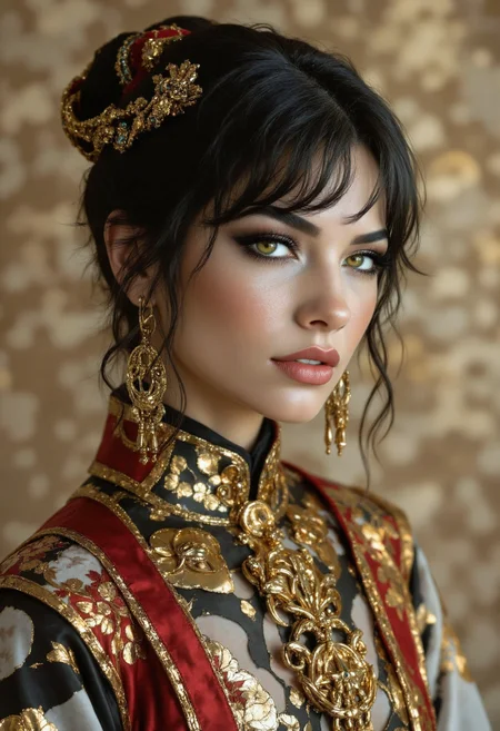 This is a highly detailed, professional photograph of a young woman with pale skin and striking green eyes, which are accentuated by delicate, dark eyeliner. She has voluminous, black hair styled into loose waves, adorned with ornate, golden hairpieces that resemble a crown. She wears a traditional, luxurious outfit blending Eastern and Western aesthetics.
Her attire features a black and white silk kimono, intricately patterned with gold dragon motifs. The black part of the kimono is detailed with gold dragons and floral designs, while the white section is plain except for a gold, dragon-shaped brooch at the chest. The kimono is layered over a red, silk robe with gold accents, adding a regal and opulent touch. She wears a large, ornate necklace with a prominent, detailed pendant that matches the golden hairpieces.
The background is a muted beige with a subtle, intricate pattern, emphasizing the subject. The overall color palette is rich and luxurious, dominated by gold, black, white, and red. The photograph combines elements of fantasy and traditional Asian fashion, creating a visually captivating and culturally rich composition.