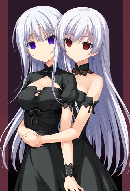 anime, empty eyes, hypnotized, blank stare, expressionless, two girls, adult, close up, long hair, dress, hugging, hug from behind, arched back, glowing eyes, eye highlight, dim