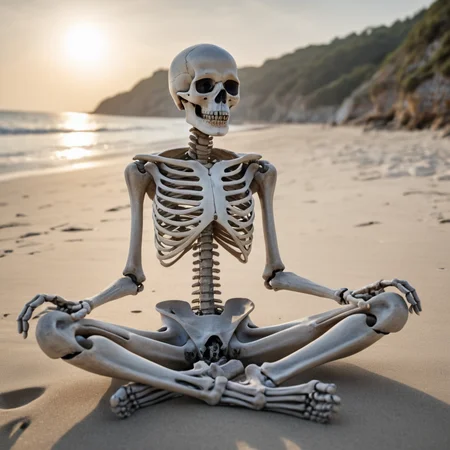 (((Ultra HD Details))) a professional photography of a skeleton meditation, seashore background, deep meditation, sitting cross-legged, ethereal, HDR, extremely detailed