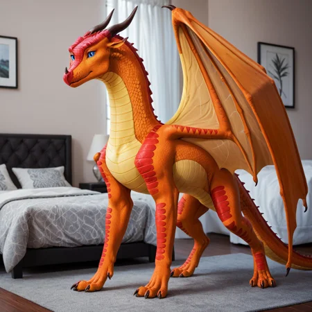 score_9, score_8_up, score_7_up, score_6_up, score_5_up, score_4_up, masterpiece, high quality, realistic, detailed, best quality, solo, rating_safe, source_furry, bedroom, smiling, seductive, (looking at viewer), feral, peril_wof, skywing, dragon, orange scales, wings, horn, blue eyes, tail, claws, female, 1girl, standing, detailed eyes