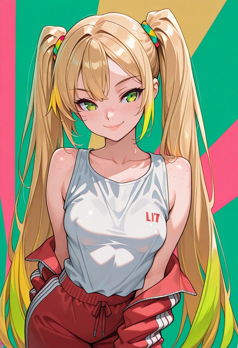 masterpiece, best quality, 32k, high resolution, absurdres, girl, 
skindentation, d41z3n, Lizzie, LizzieRH, Adult girl, blonde hair, twin tails, very long hair, hair_between_eyes, colorful highlights, green eyes, freckles, small mouth, cute full lips, slim, small breasts, fit, track suit pants, loose tank top, side boobs, nipple peek, dynamic pose, multicolour background, flat colors, bold lines, grainy, smiling, posing sexy, sporty, dynamic, shadow