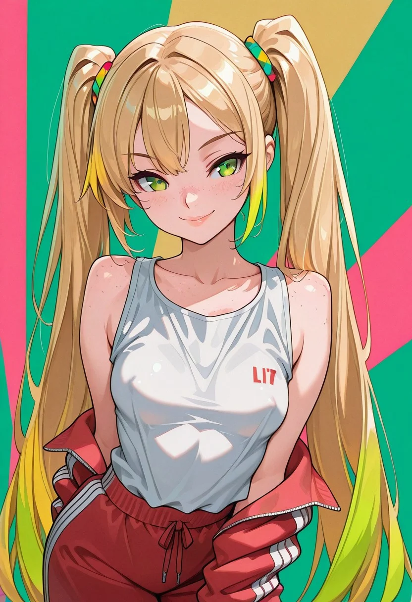 masterpiece, best quality, 32k, high resolution, absurdres, girl,
skindentation, d41z3n, Lizzie, LizzieRH, Adult girl, blonde hair, twin tails, very long hair, hair_between_eyes, colorful highlights, green eyes, freckles, small mouth, cute full lips, slim, small breasts, fit, track suit pants, loose tank top, side boobs, nipple peek, dynamic pose, multicolour background, flat colors, bold lines, grainy, smiling, posing sexy, sporty, dynamic, shadow