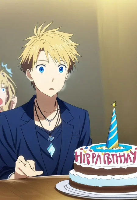high resolution, professional photography, solo, best quality, 1Boy, Yamato Ishida, Blond Hair, Deep Blue Eyes, Necklace, surprise, birthday surprise, funny, birthday cake, birthday party, OverallDetail