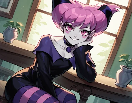 score_9, score_8_up, score_7_up, source_anime, <lora:jinx-dc-ponyxl-lora-nochekaiser_r1:1>, jinx, jinx (dc), colored skin, grey skin, hair horns, pink eyes, pink hair,, choker, long sleeves, pantyhose, striped clothes, striped pantyhose, black dress, wide sleeves, collarbone,, indoors, smile, looking at viewer, solo, sitting, head rest, table,, cowboy shot, dutch angle