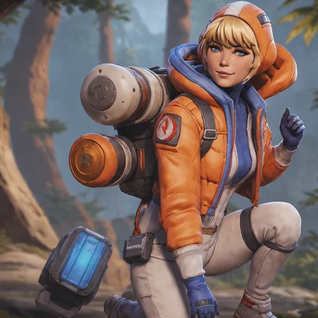 anime artwork night time portrait of full body wattson (apex legends) woman waving freckles, (squatting:1.3), high quality, clear focus, blonde hair, bangs, fringe detailed, blue headwear, woods background, dark moody lighting, sharp contrast <lora:Watts0n-000018:0.6> <lora:offset_0.2:1> . anime style, key visual, vibrant, studio anime, highly detailed