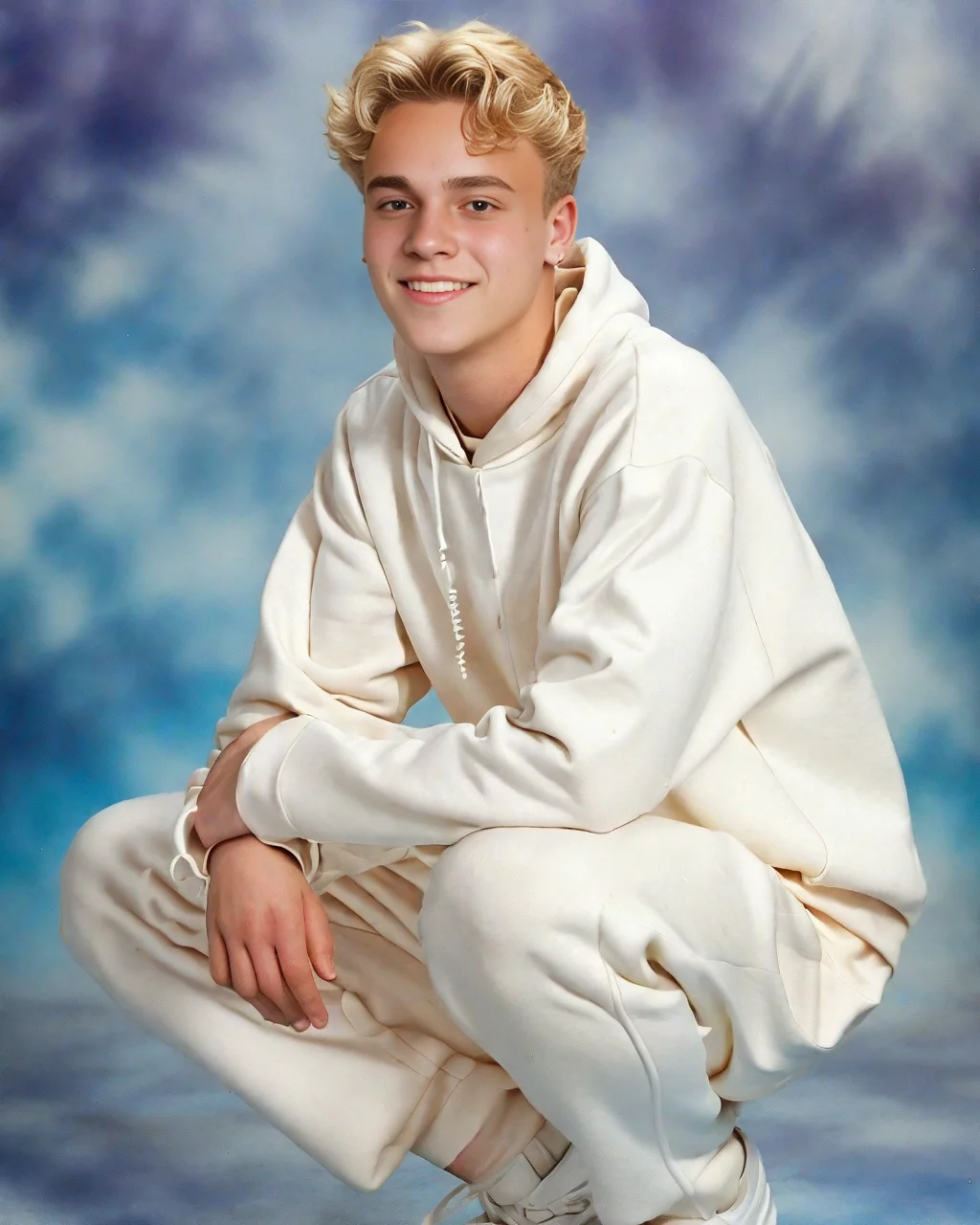 yearbook shot, squat pose, squatting, full shot, front view, man, blonde, blonde eyebrows, caucasian, hoodie, white pants.
yearbook background.
<lora:yearbookshot_v1:0.8>