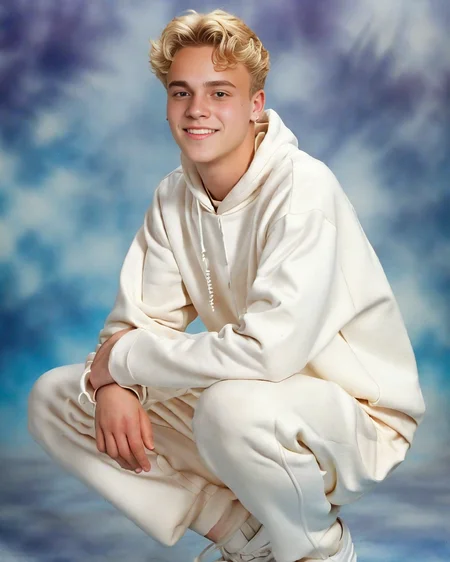 yearbook shot, squat pose, squatting, full shot, front view, man, blonde, blonde eyebrows, caucasian, hoodie, white pants.
yearbook background.
<lora:yearbookshot_v1:0.8>