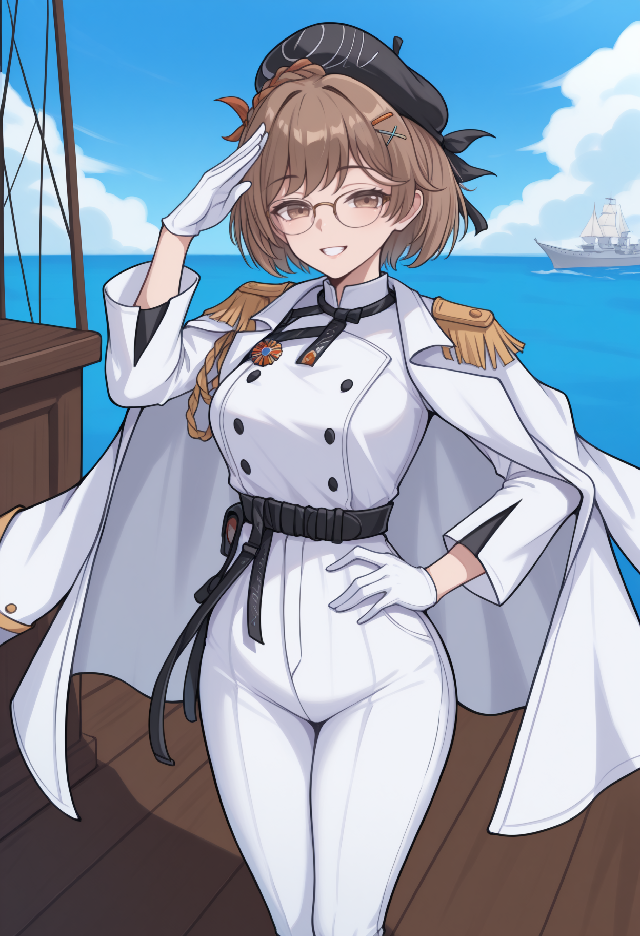 masterpiece, best quality, <break> solo, 1girl, maddelena, grin, looking at viewer, standing, legs together, salute, hand on own hip, short hair, brown hair, braid, hairclip, black headwear, beret, brown eyes, glasses, military uniform, naval uniform, white coat, coat on shoulders, white jacket, epaulettes, aiguillette, medal, long sleeves, white gloves, white pants, black belt, outdoors, blue sky, cloud, ship, ocean
<segment:yolo-Anzhc Face seg 640 v2 y8n.pt,0.4,0.5//cid=1>