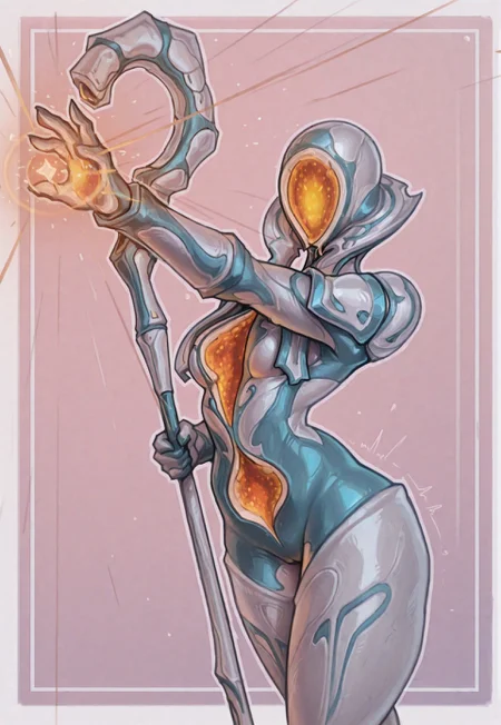 masterpiece, best quality, lazypos, depth of field, reagan long, pixelsketcher, 1girl, Citrinexl, ornamented helmet, no mouth, no eyes, shoulder armor, warframe, alien, multicolored body, blue body, white body, orange glowing, holding staff, casting spell, simple background, white outline, orange glow, dynamic pose,