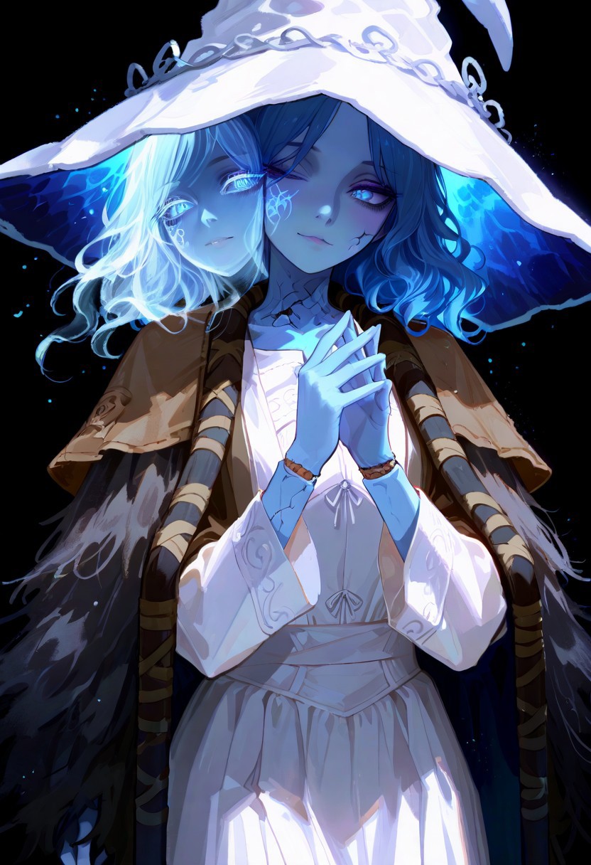 black background, ethereal glow, ethereal particles, dappled light, (beautiful face), 
BREAK
masterpiece, highly detailed,1girl, beautiful eyes, big eyes, detailed eyes, detailed pupils, perfect body,
(sexy, slutty, hot)
BREAK
flirting:2.0,
RnnDef, blue eyes, one eye closed, blue hair, wavy hair, (4 arms:1.2), extra faces, ghost face, blue skin, colored skin, cracked skin, doll joints, witch hat, large hat, white headwear, white dress, long sleeves, fur cloak, brown cloak <lora:add-detail-xl:-2>