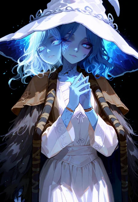 black background, ethereal glow, ethereal particles, dappled light, (beautiful face), 
BREAK
masterpiece, highly detailed,1girl, beautiful eyes, big eyes, detailed eyes, detailed pupils, perfect body,
(sexy, slutty, hot)
BREAK
flirting:2.0,
RnnDef, blue eyes, one eye closed, blue hair, wavy hair, (4 arms:1.2), extra faces, ghost face, blue skin, colored skin, cracked skin, doll joints, witch hat, large hat, white headwear, white dress, long sleeves, fur cloak, brown cloak <lora:add-detail-xl:-2>