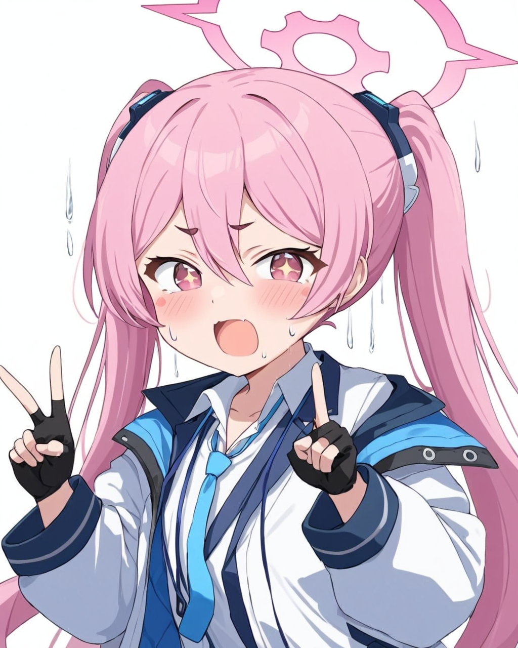 koyuki \(blue archive\),1girl, simple_background, white_background, halo, holding_gun, open_mouth, fingerless_gloves, blush_stickers, black_gloves, white_shirt, handgun, long_sleeves, sweat, jacket, blue_necktie, solo, fang, trembling, collared_shirt, upper_body, two_side_up, tears
<lora:koyuki_(blue_archive)_image708_2023-11-28-000012:1>halo. gorgeous,key visual, vibrant, studio anime,award-winning, professional, highly detailed,high budget, cinemascope