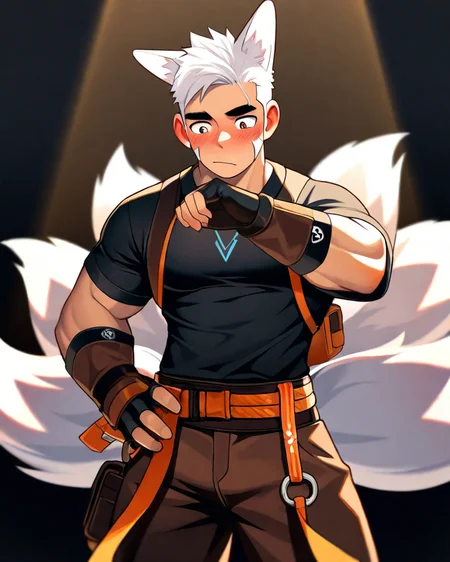 masterpiece, best quality, amazing quality, 1boy, solo, masterpiece, best quality, animal ears,short hair, muscular, pants, tails, white hair, brown pants, shirt,black shirt, blush,gloves,fox ears,fingerless gloves,fox tail, 9 tails, fox boy, sideburns, volumetric lighting, <lora:Bree_Style-000019:0.6>, breeze style, muscular man,