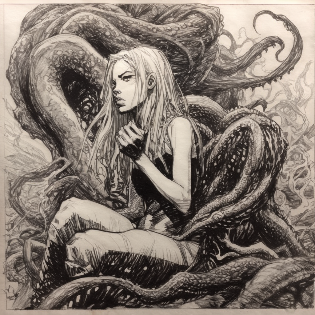 drawix17 girl embraced by a creature with tentacles, black ink, very detailed<lora:drawix17:1>