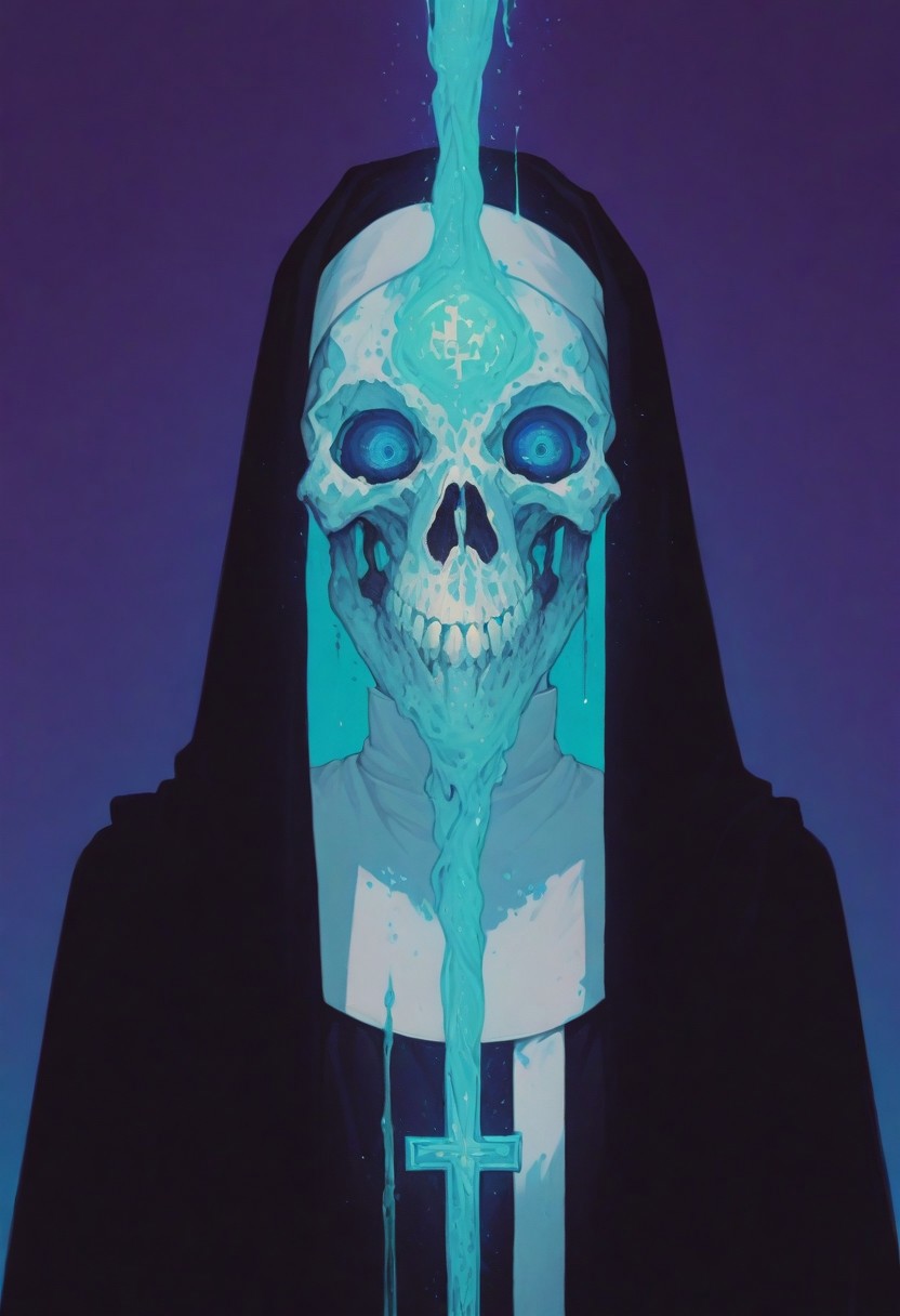 A highly stylized, high-resolution photograph featuring a person dressed as a nun with a futuristic gothic twist. Their face is concealed by an intricate skull mask made entirely of minute water jelly, glowing with vibrant hues of electric blue, neon green, and deep violet, shifting fluidly like a living organism. The translucent nature of the mask refracts light, creating an ethereal effect, while the hollow eye sockets and grinning mouth appear to ripple with movement. The subject’s striking blue eyes pierce through the glowing jelly, intensifying the surreal contrast. Their hair is hidden beneath a traditional black habit, seamlessly extending from the head covering to the neckline. The nun’s habit is an unexpected pale pink, featuring a high collar and a cross emblem at the chest, blending religious iconography with an avant-garde aesthetic. The background is a deep crimson red, amplifying the glowing hues of the mask and enhancing the dramatic atmosphere. Every detail, from the fluid luminescence of the skull mask to the soft yet structured fabric of the habit, is rendered with a hyper-realistic texture. The fusion of classic religious attire with cyber-gothic, surreal, and horror-inspired elements results in a visually striking, thought-provoking composition, turning the subject into a mesmerizing piece of living visual art. ArsMJStyle, Colored pencil hyperdetailed realism