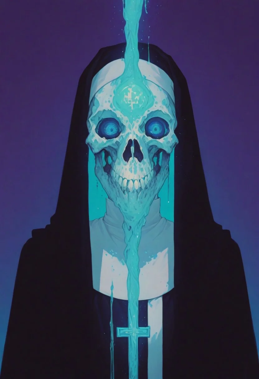 A highly stylized, high-resolution photograph featuring a person dressed as a nun with a futuristic gothic twist. Their face is concealed by an intricate skull mask made entirely of minute water jelly, glowing with vibrant hues of electric blue, neon green, and deep violet, shifting fluidly like a living organism. The translucent nature of the mask refracts light, creating an ethereal effect, while the hollow eye sockets and grinning mouth appear to ripple with movement. The subject’s striking blue eyes pierce through the glowing jelly, intensifying the surreal contrast. Their hair is hidden beneath a traditional black habit, seamlessly extending from the head covering to the neckline. The nun’s habit is an unexpected pale pink, featuring a high collar and a cross emblem at the chest, blending religious iconography with an avant-garde aesthetic. The background is a deep crimson red, amplifying the glowing hues of the mask and enhancing the dramatic atmosphere. Every detail, from the fluid luminescence of the skull mask to the soft yet structured fabric of the habit, is rendered with a hyper-realistic texture. The fusion of classic religious attire with cyber-gothic, surreal, and horror-inspired elements results in a visually striking, thought-provoking composition, turning the subject into a mesmerizing piece of living visual art. ArsMJStyle, Colored pencil hyperdetailed realism
