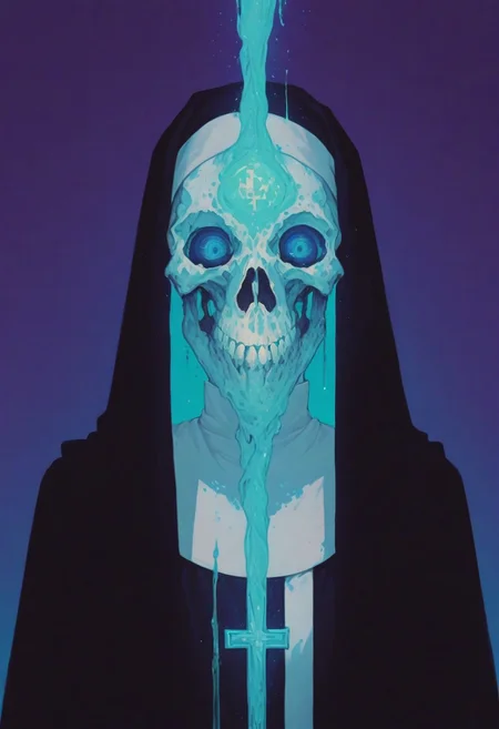 A highly stylized, high-resolution photograph featuring a person dressed as a nun with a futuristic gothic twist. Their face is concealed by an intricate skull mask made entirely of minute water jelly, glowing with vibrant hues of electric blue, neon green, and deep violet, shifting fluidly like a living organism. The translucent nature of the mask refracts light, creating an ethereal effect, while the hollow eye sockets and grinning mouth appear to ripple with movement. The subject’s striking blue eyes pierce through the glowing jelly, intensifying the surreal contrast. Their hair is hidden beneath a traditional black habit, seamlessly extending from the head covering to the neckline. The nun’s habit is an unexpected pale pink, featuring a high collar and a cross emblem at the chest, blending religious iconography with an avant-garde aesthetic. The background is a deep crimson red, amplifying the glowing hues of the mask and enhancing the dramatic atmosphere. Every detail, from the fluid luminescence of the skull mask to the soft yet structured fabric of the habit, is rendered with a hyper-realistic texture. The fusion of classic religious attire with cyber-gothic, surreal, and horror-inspired elements results in a visually striking, thought-provoking composition, turning the subject into a mesmerizing piece of living visual art. ArsMJStyle, Colored pencil hyperdetailed realism