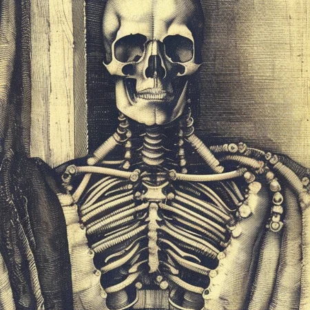 thretening cyborg, durer-style, skull, bust