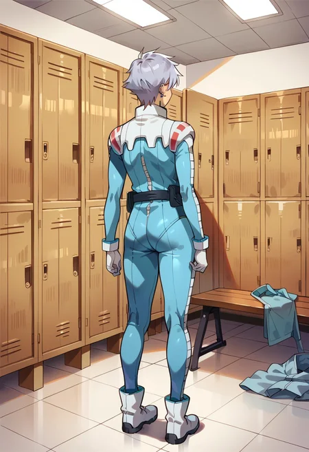 score_8, score_8_up, score_7_up, source_anime, 1girl, solo, female focus, Helena_CF, silver hair, short hair, from behind, asymmetrical hair,  asymmetrical earrings, ear piercing, earrings, mole under eye, neck tattoo, normal suit, pilot suit, blue bodysuit, utility belt, white gloves, ankle boots, white footwear, full body, standing, facing away, arms at side, indoors, locker room, locker, tile floor,