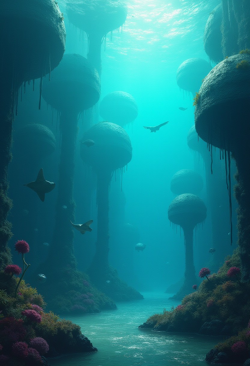 An underwater metropolis with bubble domes, inhabited by merfolk and sea creatures,