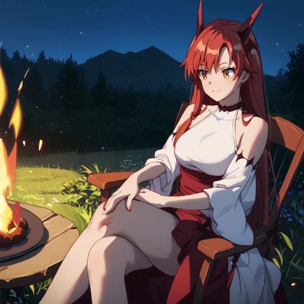score_9, score_8_up, score_7_up, score_6_up, score_5_up, score_4_up, source_anime,, BeastTamer-Tania, sitting, chair, camp fire, highly detailed, beautiful, elegant, intricate, stunning, full color, cinematic, light, shining, bright