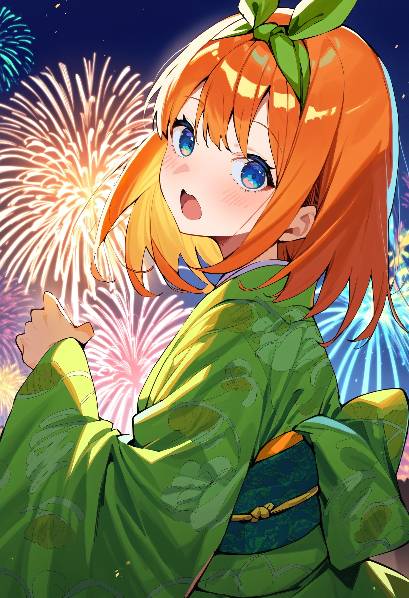 score_9, score_8_up, score_7_up, score_6_up, source anime,
abustoypnxl, nakano yotsuba, green hairband with ribbon, 1girl, blue eyes, solo, orange hair, upper teeth only, open mouth, green print kimono, obi
,
long sleeves, looking at viewer, blush,
outdoors, night, fireworks,
masterpiece, best quality, very aesthetic, absurdres
<lora:quintessential_quintuplets:1>