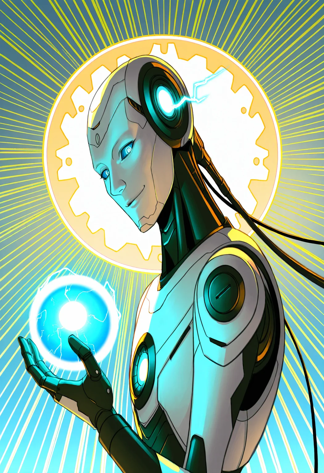masterpiece, best quality, very aesthetic, absurdres, <lora:TTPhuman_IL:0.9> TTPhuman, 1other, male, solo, mecha, science fiction, straight-on, alien, non-humanoid robot, blue eyes, science fiction, metal skin, apple, profile, from side, upper body, holding, orb, colored sclera, holding food,mecha, aqua eyes, cable, looking up, energy ball, gears, energy, open hand,glowing eye, unmoving pattern, closed mouth, hand up, broken, long hair, open mouth, expressionless, looking down, looking at viewer, portrait, blue sclera, striped background,sunburst background, electricity, floating, crack, looking ahead, holographic interface, sun, plaid, nose, smile, neon trim, surreal