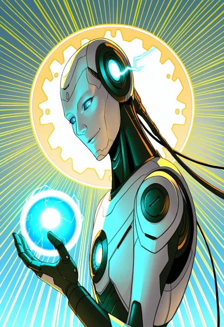 masterpiece, best quality, very aesthetic, absurdres, <lora:TTPhuman_IL:0.9> TTPhuman, 1other, male, solo, mecha, science fiction, straight-on, alien, non-humanoid robot, blue eyes, science fiction, metal skin, apple, profile, from side, upper body, holding, orb, colored sclera, holding food,mecha, aqua eyes, cable, looking up, energy ball, gears, energy, open hand,glowing eye, unmoving pattern, closed mouth, hand up, broken, long hair, open mouth, expressionless, looking down, looking at viewer, portrait, blue sclera, striped background,sunburst background, electricity, floating, crack, looking ahead, holographic interface, sun, plaid, nose, smile, neon trim, surreal