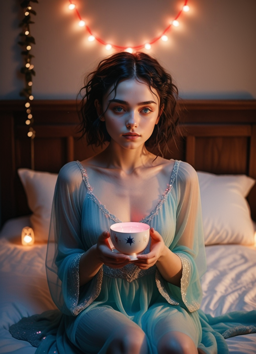 (Ombre color scheme of opal ,neon light red ,neon light blue ) (25 year old:1.1)  woman with short, wavy black hair and striking azure eyes, is set against the rich, earthy tones of a brown background. She sits on a vintage, star-shaped cushion in the center of a cozy, dimly lit bedroom, her eyes closed in deep concentration as she cradles a delicate porcelain cup between her upraised arms. The room is softly illuminated by the gentle glow of a string of fairy lights wrapped around the headboard of the four-poster bed behind her. Multiple ethereal figures, dressed in flowing, starlit gowns, dance and twirl playfully in the blurred background, adding an otherworldly atmosphere to the intimate scene. ultra realistic lighting <lora:br1ghtXLP:0.7> multicolored <lora:43stl1ght1ngXLP2:0.7> 43stl1ght1ng, low light, dramatic lighting, darkness, neon, spotlight <lora:envyStarlight_v10:0.8>