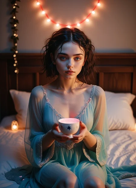 (Ombre color scheme of opal ,neon light red ,neon light blue ) (25 year old:1.1) woman with short, wavy black hair and striking azure eyes, is set against the rich, earthy tones of a brown background. She sits on a vintage, star-shaped cushion in the center of a cozy, dimly lit bedroom, her eyes closed in deep concentration as she cradles a delicate porcelain cup between her upraised arms. The room is softly illuminated by the gentle glow of a string of fairy lights wrapped around the headboard of the four-poster bed behind her. Multiple ethereal figures, dressed in flowing, starlit gowns, dance and twirl playfully in the blurred background, adding an otherworldly atmosphere to the intimate scene. ultra realistic lighting <lora:br1ghtXLP:0.7> multicolored <lora:43stl1ght1ngXLP2:0.7> 43stl1ght1ng, low light, dramatic lighting, darkness, neon, spotlight <lora:envyStarlight_v10:0.8>