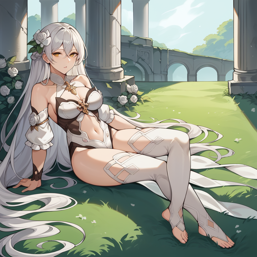 score_9_up, score_8_up, score_7_up, score_6_up, source_anime, 1girl, solo, HoV, HoV_Magic, masterpiece, best quality, sun light, face focus, perfect face, lying on back on grass, looking at you, from side, full body, seductive, parted lips, toeless footwear, long hair, white hair, yellow eyes, hair between eyes, navel, bare shoulders, white thighhighs, white leotard, hair flower, white flower, mature body, dynamic cowboy shot, outdoors, white roses, ancient ruins, garden background