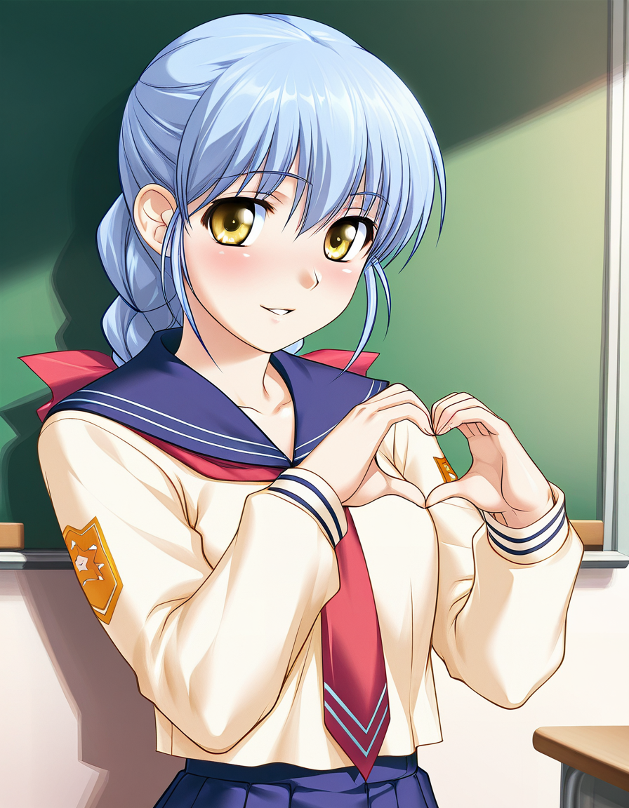 masterpiece, best quality, amazing quality, very aesthetic, high definition, official art, ultra detailed,
1girl, solo, satoh_yoshimi, blue hair, yellow eyes, braid, long hair BREAK 
school uniform, skirt, serafuku, long sleeves, blue sailor collar, 
blush, smile, parted lips, looking at viewer, standing, pinup, heart hands, in classroom, upper body, sharp focus, depth of field, highly detailed, detailed skin, soft shadows <lora:satoh yoshimi v1.0-000017:1>