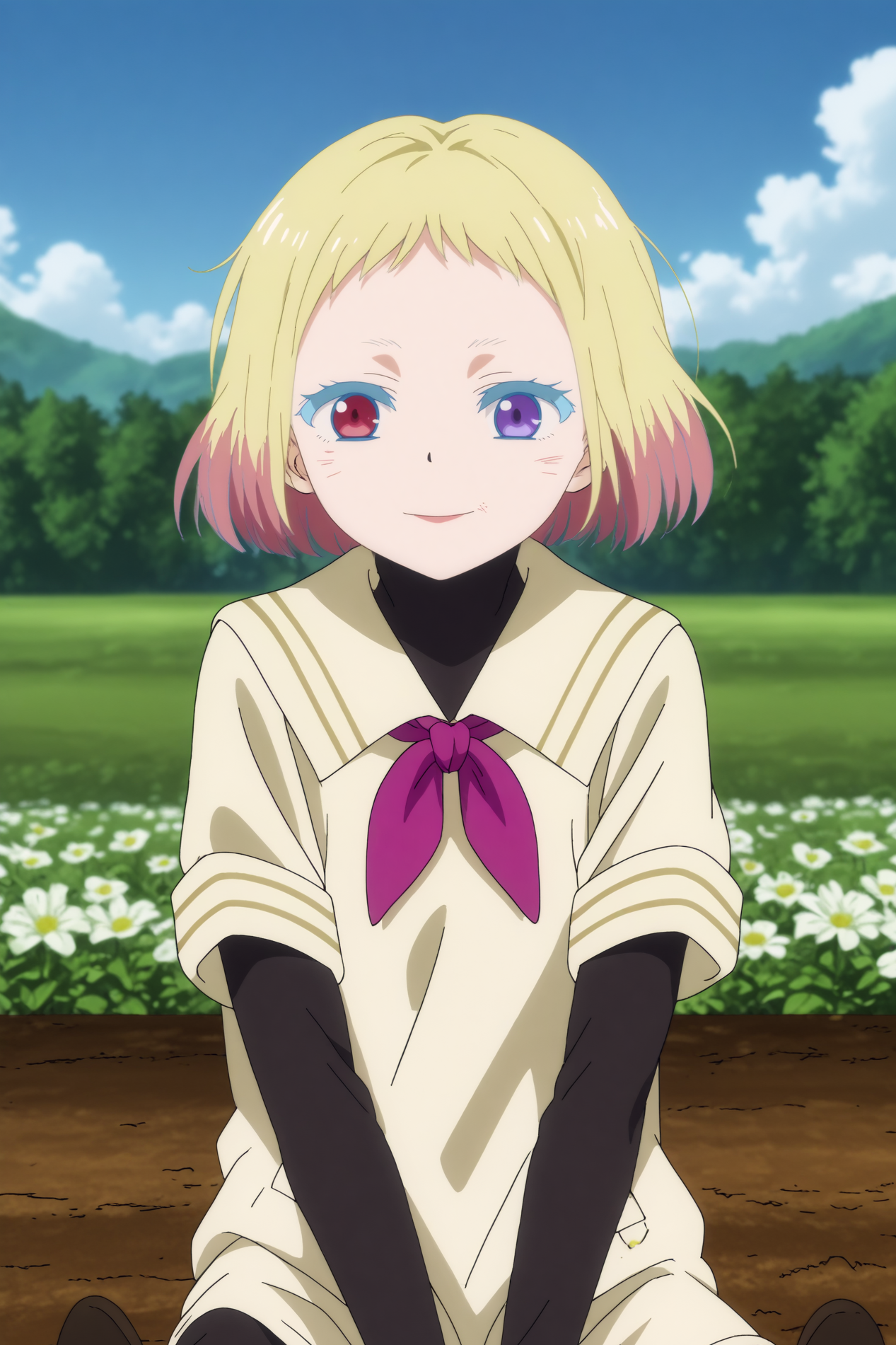  awano kotobuki,1girl,solo,smile,heterochromia,blonde hair,purple eyes,short hair,looking at viewers,gradient hair,facial mark,neckerchief,shirt,school uniform,sailor colla,short over long sleeves,layered sleeves,purple neckerchief, sitting, on floor,cowboy shot,close-up BREAK outdoors,blue sky,white flower,field    <lora:Awano_Kotobuki_-_Wonder_Egg_Priority.safetensors:0.8> <lora:detailed_backgrounds_v2.safetensors:0.5>