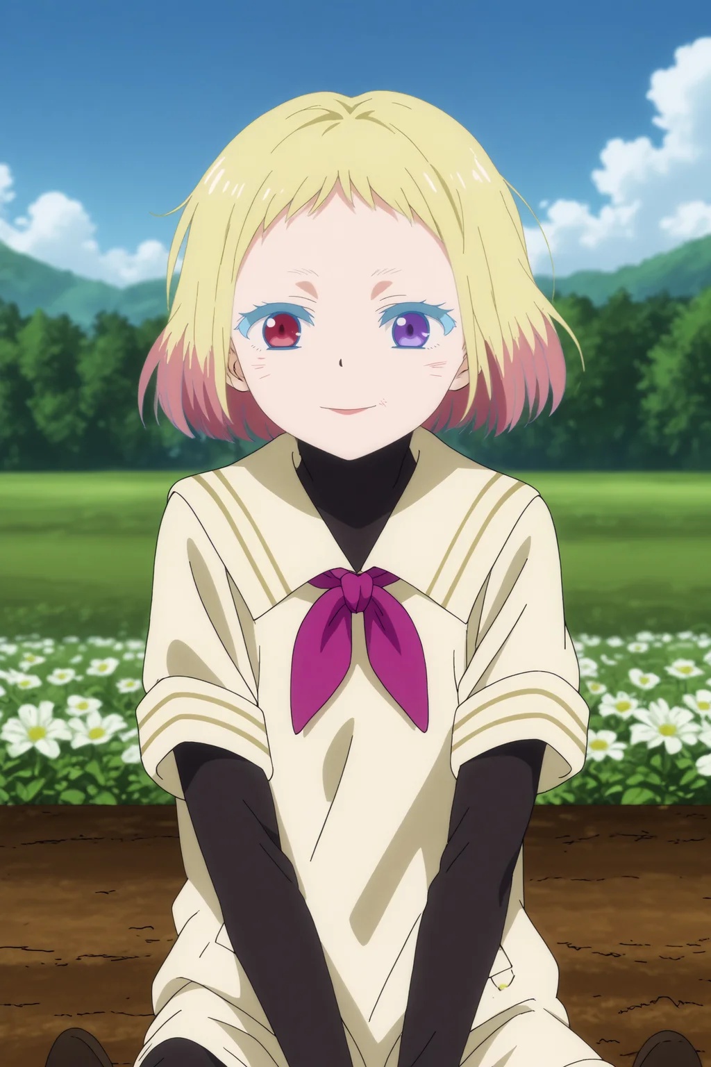 awano kotobuki,1girl,solo,smile,heterochromia,blonde hair,purple eyes,short hair,looking at viewers,gradient hair,facial mark,neckerchief,shirt,school uniform,sailor colla,short over long sleeves,layered sleeves,purple neckerchief, sitting, on floor,cowboy shot,close-up BREAK outdoors,blue sky,white flower,field <lora:Awano_Kotobuki_-_Wonder_Egg_Priority.safetensors:0.8> <lora:detailed_backgrounds_v2.safetensors:0.5>