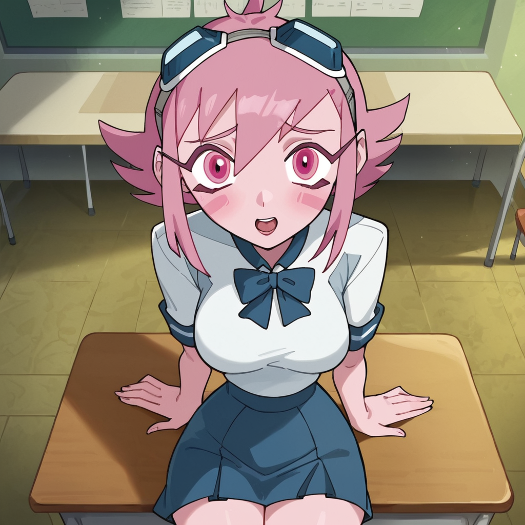 1girl, Certhana, colored skin, pink hair, short hair, pink eyes, goggles on head, medium breasts, narrow waist, wide hips, school uniform, sitting, on desk, looking at viewer, highres, high quality, masterpiece, <lora:Certhana:1> <lora:Expressive_H:1> Expressiveh