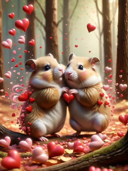 two hamster cuddling in the forest, mad-love hearts swirling around <lora:Love_is_in_the_air_SDXL:1>, (masterpiece:1.2), best quality, (hyperdetailed, highest detailed:1.2), high resolution textures