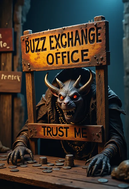 masterpiece, realistic scenery, ultra high quality, a sneaky Skaven villain with a grim smile waits behind a stall for his BUZZ victims, first sign on the stall with text "BUZZ EXCHANGE OFFICE", second sign with text "YOU ARE TOTALLY SAFE HERE", third sign with text "TRUST ME", coins on the board, Skaven, <lora:RPGv6-itr10>