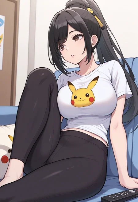 masterpiece, best quality, 1girl, solo, sitting, knee up, <lora:RaynieRH-illu:1> raynRH, black hair, long hair, high ponytail, hair ornament, brown eyes, t-shirt, white shirt, short sleeves, pikachu print, parted lips, yoga pants, midriff peek, couch, remote control, living room, large breasts