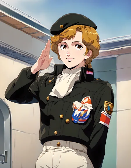 <lora:pony_xl_Frederica>,Frederica,score_9,score_8_up,score_7_up,source_anime,1girl,solo,hat,black jacket,military uniform,white pants,standing,cowboy_shot,front view,salute,indoor,smile,