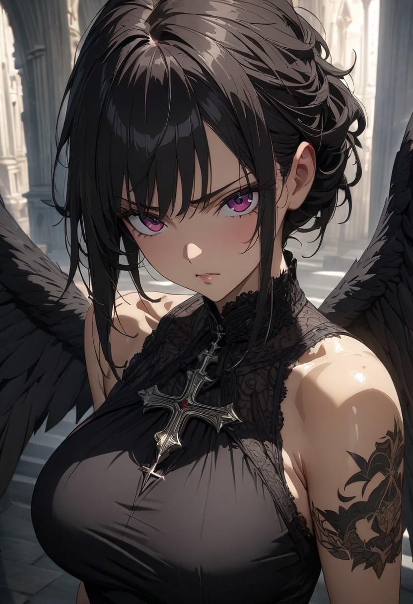 gorgeous lips, cinematic, (masterpiece), (best quality), (ultra-detailed), very aesthetic, perfect composition, intricate details, absurdres, detailed face, (anime, masterpiece, intricate:1.3), (best quality, hires textures, high detail:1.2), 
masterpiece, best quality, dnfredeemer, black dress, black wings, tattoo, large breasts, shiny skin, cross, sleeveless, black thighhighs, black gloves, upper body, looking at viewer, serious, cathedral, chiaroscuro shading<lora:redeemer-nvwls-v2-000010:0.9>