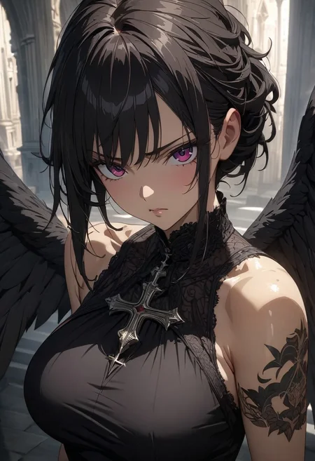 gorgeous lips, cinematic, (masterpiece), (best quality), (ultra-detailed), very aesthetic, perfect composition, intricate details, absurdres, detailed face, (anime, masterpiece, intricate:1.3), (best quality, hires textures, high detail:1.2),
masterpiece, best quality, dnfredeemer, black dress, black wings, tattoo, large breasts, shiny skin, cross, sleeveless, black thighhighs, black gloves, upper body, looking at viewer, serious, cathedral, chiaroscuro shading<lora:redeemer-nvwls-v2-000010:0.9>