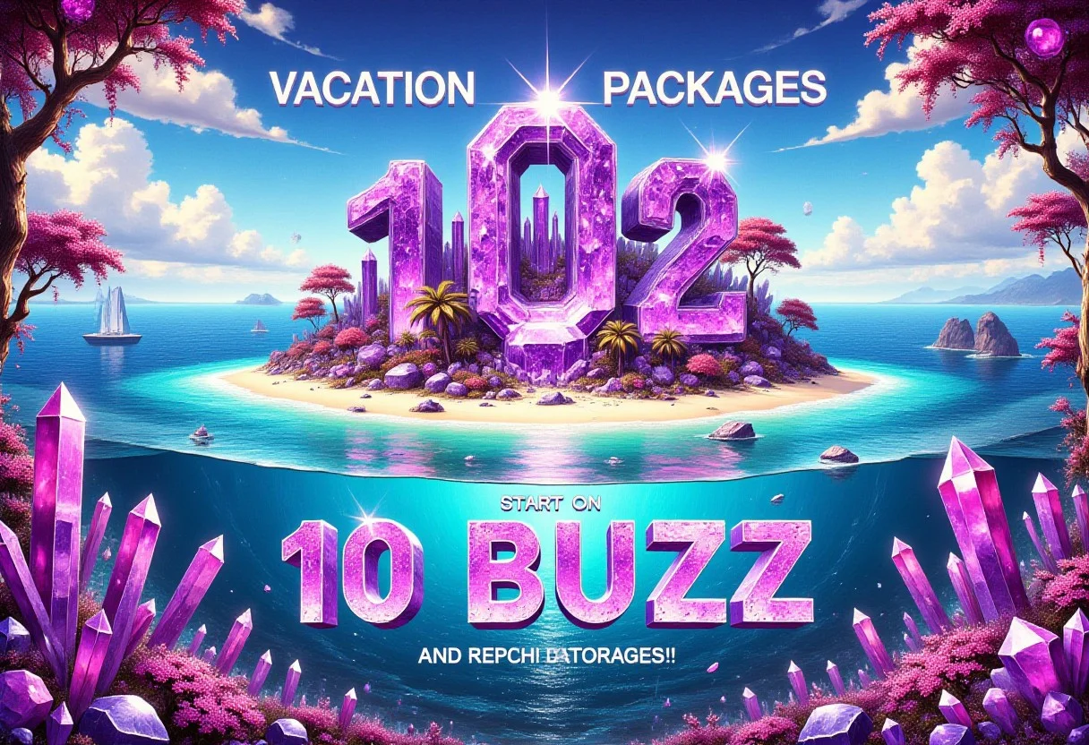 sparkling amethyst crystals, tropical island, crystal trees, caption that reads “Vacation packages start at 10 BUZZ”, aidmatextimprover