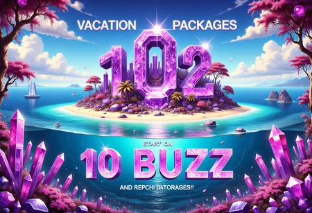 sparkling amethyst crystals, tropical island, crystal trees, caption that reads “Vacation packages start at 10 BUZZ”, aidmatextimprover
