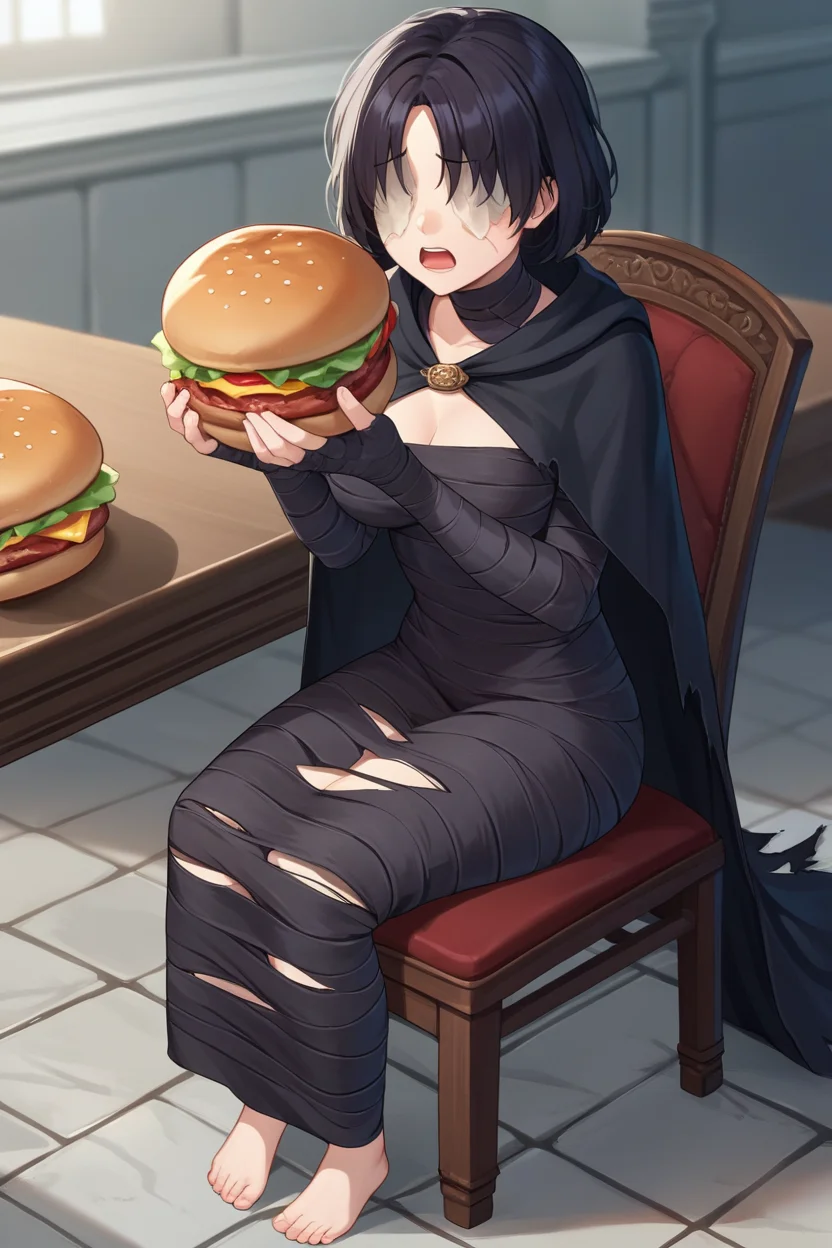 score_9, score_8_up, source_7_up, source_anime BREAK 1girl <lora:maideninblack-pdxl-nvwls-v1:1> maideninblack, black hair, black cape, torn cape, black dress, black bandages, covered eyes, breasts, barefoot, sitting, table, chair, stone floor, holding a huge burger with both hands, open mouth