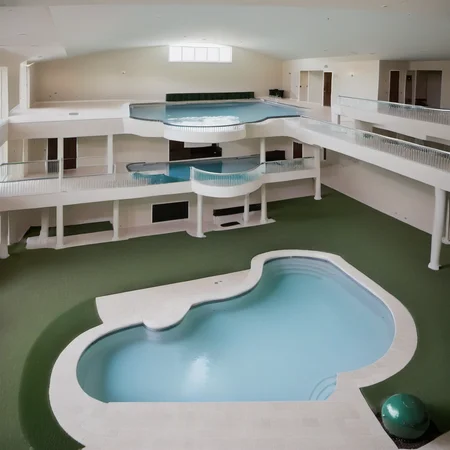 indoors, sofa, swimming pool, hot tub, mezzanine floor, railings, grass, flourescent lights, water slide, stairs, (golf course:1.2),
<lora:Liminal_Spaces_XL:1>