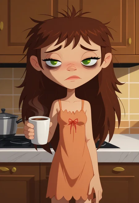 score_9, score_8_up, score_7_up, 1girl, solo,
 brown hair, green eyes, hair down, long hair, 
 perfect hands, show accurate, perfect anatomy, med body,
indoors, small perky breasts, kitchen, hand on hip, loose clothing, wear only nightgown, holding a cup of coffee in hand, sleepy eyes, bags under eyes, loose clothes,